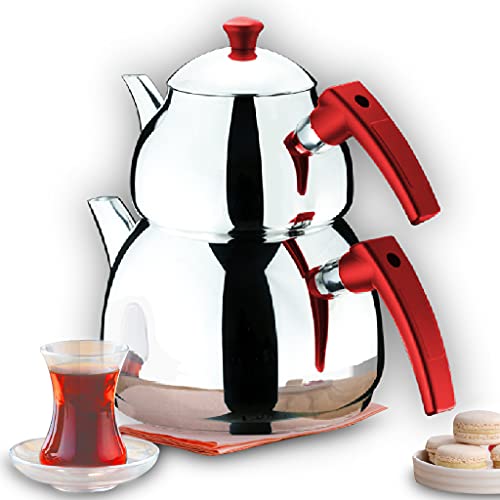 Turkish Tea Pots Set for Stove Top, Stainless Steel Double Teapot Set with Bakalite Handle, Samovar Style Self-Strained Tea Kettle Medium 2.8 qts