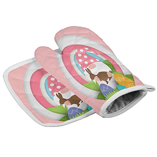 Chic Decor Home Set of Oven Mitt and Pot Holder Easter Gnomes EggsBunny Oven Gloves Heat Resistance Non-Slip Surface for Kitchen BBQ Cooking Baking GrillingPink