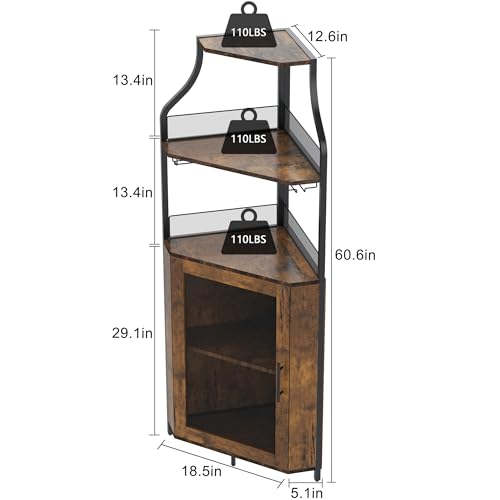 Amyove Corner Wine Bar Cabinet with Detachable Wine Rack, Industrial Wine Cabinet with Glass Holder, Small Sideboard and Liquor Coffee Bar Cabinet with Mesh Door, Retro Brown