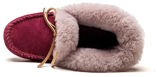 Image of Women's Moccasin Slippers with Warm Wool Lining, Pigskin Leather Non-Slip Rubber Sole for Indoor and Outdoor Casual Winter Flat Shoes