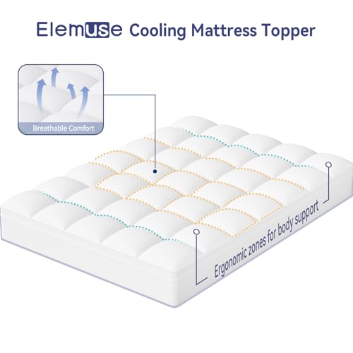 ELEMUSE Queen Mattress Topper for Back Pain, Extra Thick Mattress Pad Cover, Plush Soft Pillowtop with Elastic Deep Pocket, Overfilled Down Alternative Filling