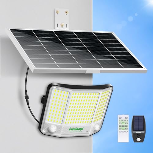 intelamp Faro led esterno con pannello solare,20000mAH Batteria,4000LM/6500K, Lampione Solare con Telecomando 2-12H Timer, IP65 Impermeabile Faretto LED con Sensore di Movimento per Esterno e Giardino