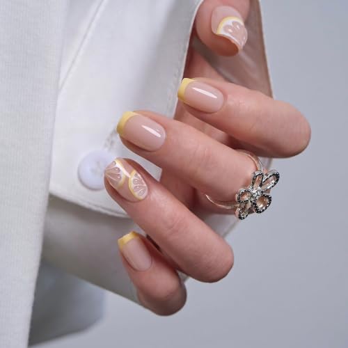 Image of CurvLife Soft Gel Squoval Press-On Nails Short, Reusable Fake Nails with Glue & Adhesive Tabs, 30PCS Salon-Quality Stick-On Nails for At-Home Manicure (Lemon Glaze)