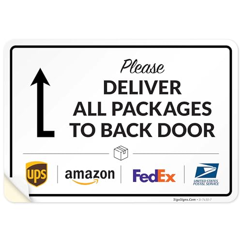 Image of Package Delivery Sign, Delivery Instructions All Package To Back Door Sign, 10x7 Inches, 4 Mil Vinyl Decal Stickers Weather Resistant, Made in USA