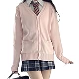 [AAQX] スクールカーディガン 女子 高校生 中学生 制服 通学 無地 厚手 ゆったり Vネック ニット 春秋冬 綿100% レディース (JP, アルファベット, S, 桜ピンク)