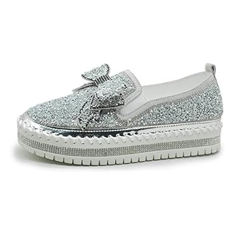 Women's Casual Fashion Platform Rhinestones Glitter Slip On Sneakers Cute Bowknot Flat Walking Loafers Platform Dress Shoes Silver 38 Cover