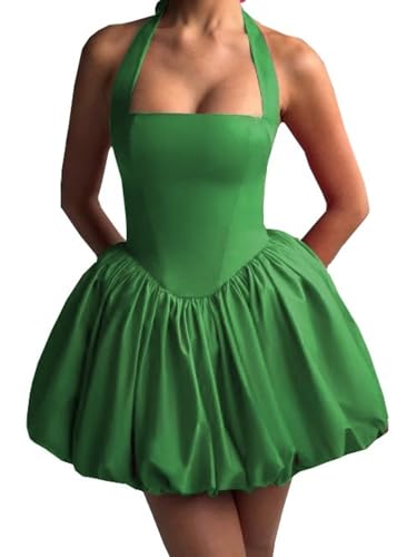 Image of Women's Y2K Sexy Halter Corset Mini Dress Backless Corset Bubble Ruched Waist Club Party Dresses