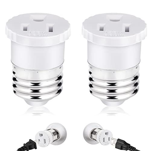 Light Socket to Plug Adapter, 2 Pack, Convert Light Bulb Socket to Outlet Adapter (White).
