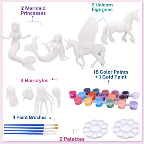 Image of SOLDAY Mermaid Unicorn Paint Kit for Girls - 4 Hairstyles, 4 Figures Set | Includes 2 Mermaid princess, 2 Unicorn figurines for Girls ages 3+, Mix and match hair game for a Ceative craft party gift