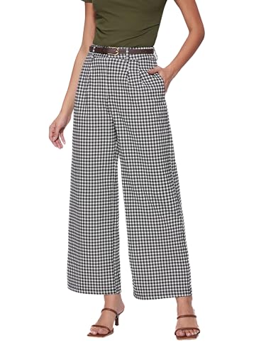 Vinova Womens Wide Straight Leg Pants Summer Plaid Pleated High Waisted Casual Work Pants