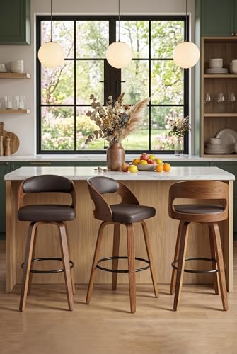 Image of AQG Swivel Bar stools Set of 3 Bar Chairs 26 inch Counter Height Mid-Century Modern Bentwood Barstool PU Leather Upholstered Bar Chair with Back and Footrest, for Bar, Cafe, Dining, Kitchen Island, Brown
