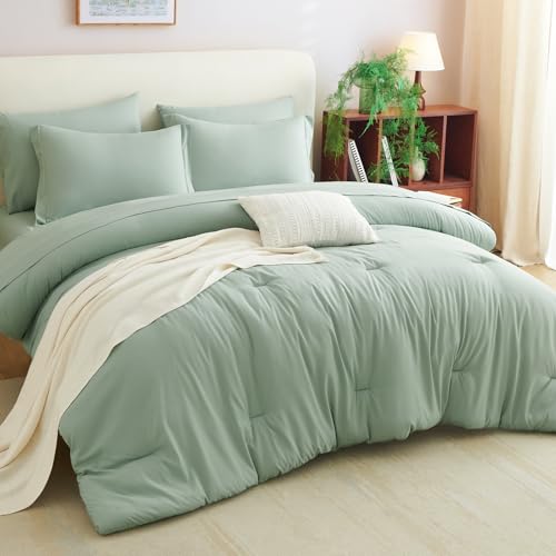 CozyLux Full Comforter Set Sage Green, 7 Pieces Bed in a Bag, Bedding Comforter Set with Sheets, All Season Boho 7PC Bed Sets with Comforter, Fitted Sheets, Flat Sheets, Pillow Shams and Pillowcases