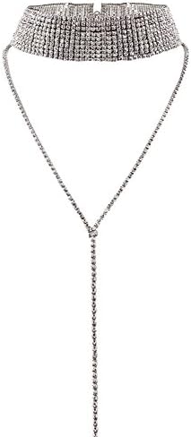 Elegant Rose Multi-rows Rhinestones Choker Necklace Round Neck Long Sweater Pendant Adjustable Necklace Jewelry for Ladies Womens