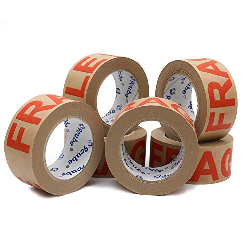 9Cube 12 Eco-Friendly Recyclable Fragile Printed Kraft Paper Packaging Tape for Moving House and Packing Parcels, 50mmx50M, Strong Brown Heavy-Duty Sticky Biodegradable