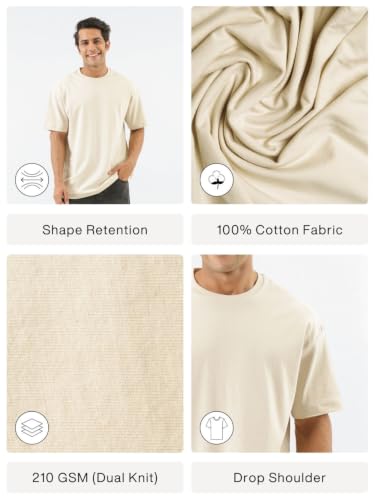 Image of SAADAA Men's Oversized Cotton T-Shirt | 210 GSM Heavyweight Fabric | Drop Shoulder | Dual Knit | Comfortable Casual Wear | Solid Colors