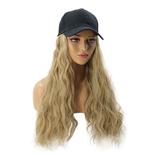 BERON Womens Baseball Cap with Long Curly Hair Synthetic Party Halloween Hat Wigs (Mixed Blonde 2)