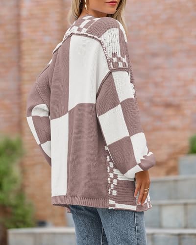 Image of BTFBM Casual Cardigan Sweater for Women Fall 2026 Long Sleeve Open Front Chunky Knit Sweaters Checkered Outwear Coat