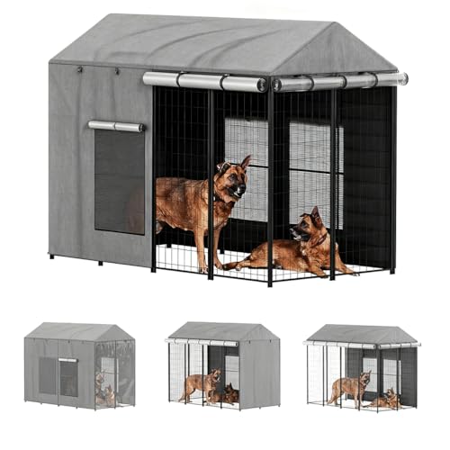 Outdoor Dog Kennel Cover with Roller Shades 600D Heavy-Duty Full Coverage Mesh Windows All Sides Open Universal Windproof UV Resistant Cover Only,Gray,8×4×6FT