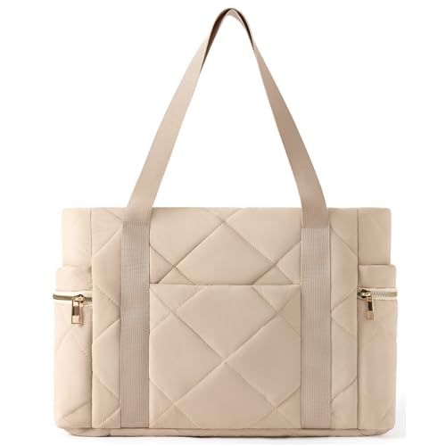 WOVTATOO Bolsa de ombro feminina acolchoada com zíper para viagem e trabalho, Bege, Large