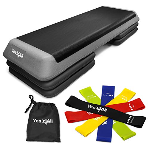 Yes4All Combo Aerobic Step Platform and Resistance Bands with Carry Bag (Set of 5) – Adjustable Exercise Step Platform 4, 6 and 8 inch Using risers, F. Black Platform + Resistance Loop Bands, X-Large