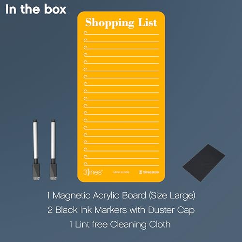 Image of 3 Lines Shopping List Fridge Magnet with Marker|Smart Planning & Shopping for Family, Working Professionals|to Do List| Acrylic Magnetic Notepad for Kitchen Organisation|12x24 cms|Papaya Color|Large