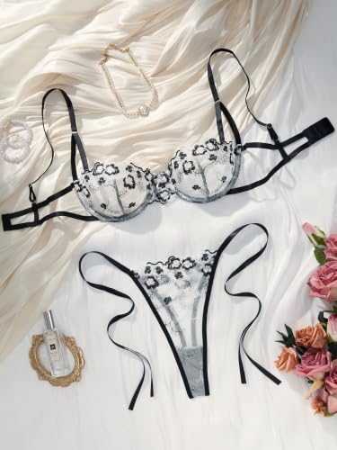 Image of Lilosy Sexy Lingerie Set 2 Piece Women Bra and Panty | Tie Side Cute Sheer Push Up Embroidered Mesh Bridal Wedding Matching Strappy Underwire Petite Honeymoon Christmas Valentine's
