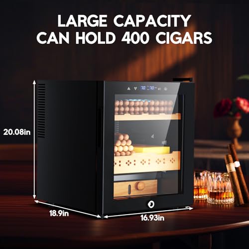 Image of Tylza Cigar Humidor Cabinet 50L, Temp & Humidity Control Electric Humidors for Cigars, 400 Cigars, Digital Hygrometer, Safety Lock, Cigar Humidors with Cedar Wood Drawer Shelves, Cigar Gifts for Men