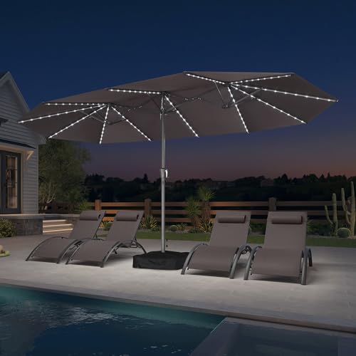 Image of PURPLE LEAF Patio Umbrella 15ft with Base and Solar Lights, Light Grey
