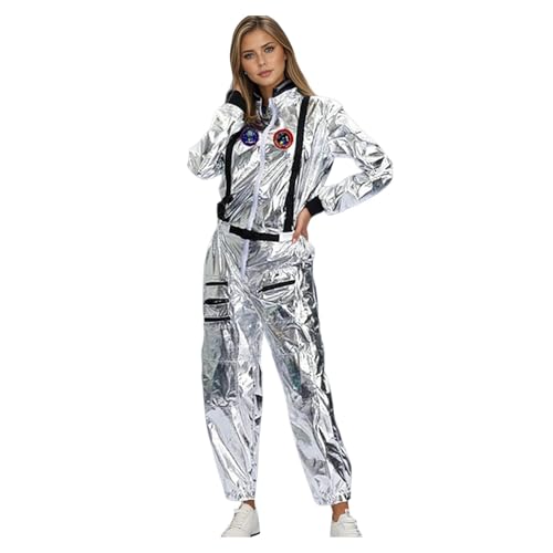 Astronaut Kostüm Erwachsene Damen, Faschingskostüme, Silber Astronauten Space Weltall Kostüm mit Handschuhe Space Girl Raumfahrer Overall Frauen Spaceman Kostüm für Karneval Halloween Cosplay