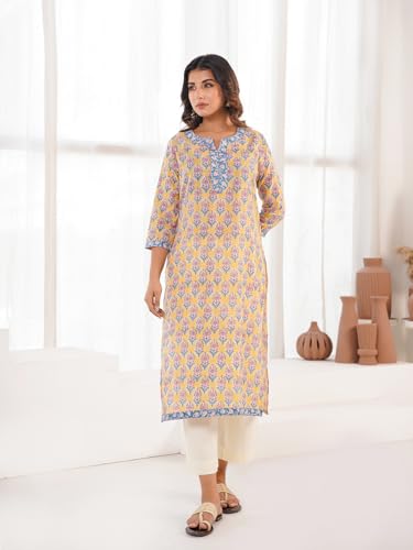 Image of GOODHAND Pure Cotton Floral Printed Long Kurta for Women | Straight Fit Ethnic Kurta | Round Neck 3 /4 Sleeve Kurta