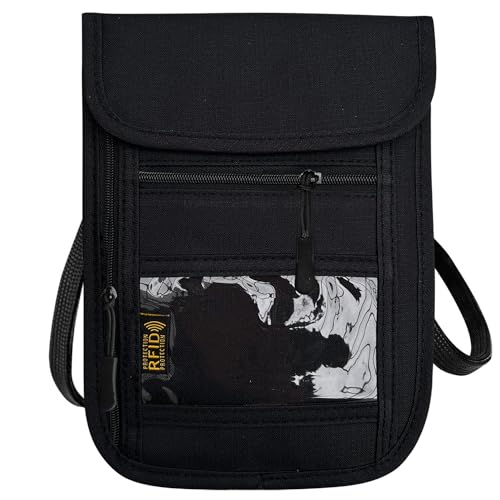 RFID Blocking Travel Neck Wallet Pouch and Passport Holder, Travel Neck Pouch Passport Holder for Women & Men - Black