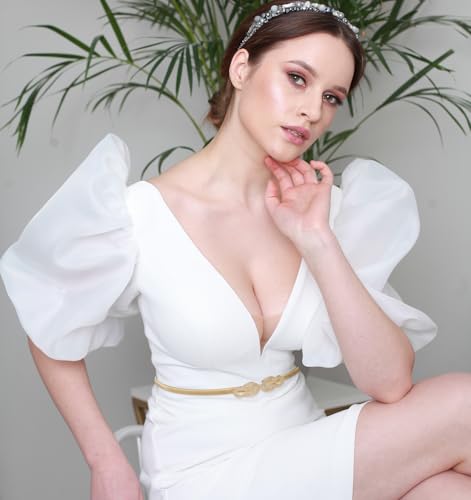 Gold Belt, Women’s Metal Skinny Stretch Waistband, Thin Adjustable Chain Belt for Dresses & Evening Outfits4