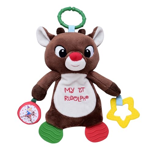 Image of Plush 12 inch Activity Toy with Teethers, Crinkle and Travel Hook, My First Rudolph Embroidery, Brown Reindeer, Christmas