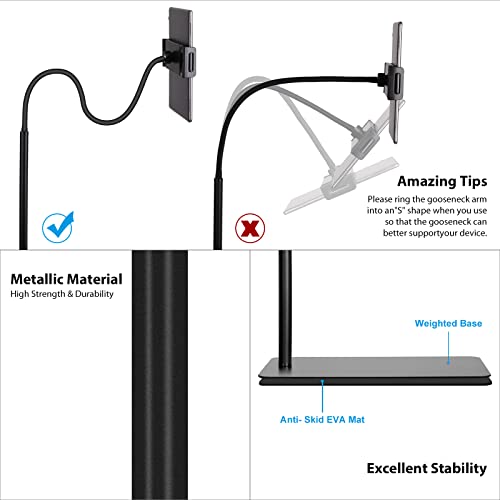 Phopik Tablet Floor Tripod Stand - 69.5" Adjustable Height Flexible Gooseneck Ipad Tripod Stand - Compatible With Ipad Mini, All Cell Phones Iphone & Tablets (4.3''-9.8'') #TOP4