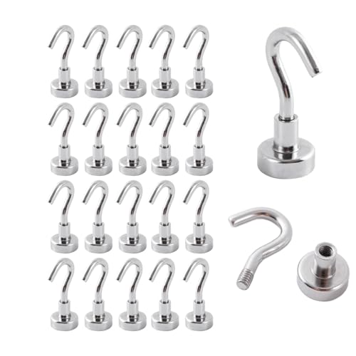 Ronoza 20 Stück Magnethaken Extra Stark 5kg, Neodym Magnet Haken 10mm, Magnetische haken für Camping, Werkstatt, Eisentüren, Kühlschränke Gadgets, Büro (Silber)