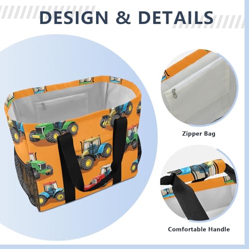 JUNZAN Cartoon Orange Tractors Large Utility Tote Bag Foldable Beach Bag With Compartments Reusable Shopping Bags Canvas Laundry Bag Travel3