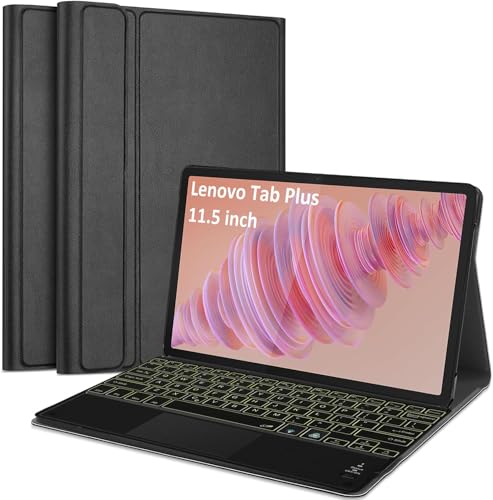 Image of HOM Tri Fold 7-Colour Backlight Detachable Wireless Bluetooth Keyboard with Trackpad /Touchpad & Tablet Cover Case for Lenovo Tab Plus 11.5 inch - Black