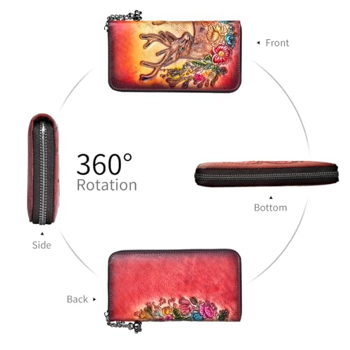 Image of Wallet Genuine Leather for Women - with RFID Blocking Card checkbook ID Slot Large Capacity Vintage style (deer red)