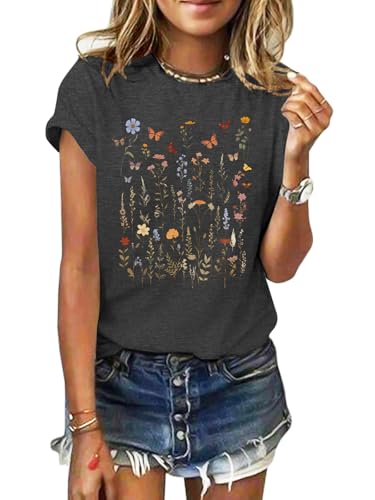 GEMLON Women's T Shirts Vintage Flowers Short Sleeve Tees Casual Loose Graphic Tops Boho Floral Shirts for Women Grey XL