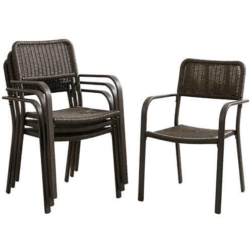 Outsunny Juego de 4 Sillas de Jardín Exterior Apilables, Sillas de Comedor Exterior Efecto Ratán, con Reposabrazos, Marco de Acero, Resistente a la Intemperie y Ligero, 55x60x83 cm, Marrón Oscuro