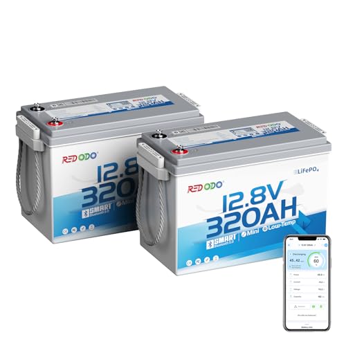 Redodo 12.8V 320Ah Mini LiFePO4 Lithium Battery, 15000+ Deep Cycles, IP65 for RV Boondocking & Off-Grid, w/Bluetooth & Low-Temp Cutoff, 2 Pack