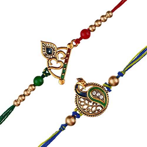 Image of eCraftIndia Multicolor Set of 2 Om Symbol and Peacock Designer Religious Rakhis with Roli Chawal Pack