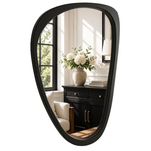 Image of Solid Wood 36x24 Matte Black Irregular Bathroom Vanity Wall Mirror | Matte black contrast suits modern and industrial bathrooms, over-sink vanities, powder rooms, guest baths, black fixtures.