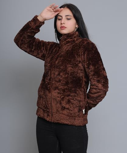 Image of Women's Ultra-Soft Plush Fleece Winter Jacket with High Neck & Full Front Zipper | Warm Cozy Fur Coat for Casual, Travel, Outdoor & Daily Cold Weather Wear