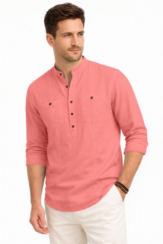 Image of ROYALSCOUT Men's Cotton Polyester Blend Kurta Style Shirt with Mandarin Collar, Half Button Placket, Dual Chest Pockets, Long Sleeve Casual Ethnic Fusion Wear for Office, Festive and Daily Use