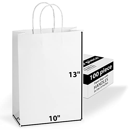 Paper Gift Bags Bulk with Handles 10 X 5 X 13 [100 Bags] Ideal for Shopping, Packaging, Retail, Party, Craft, Gifts, Wedding, Recycled, Business, Goody and Merchandise Bag