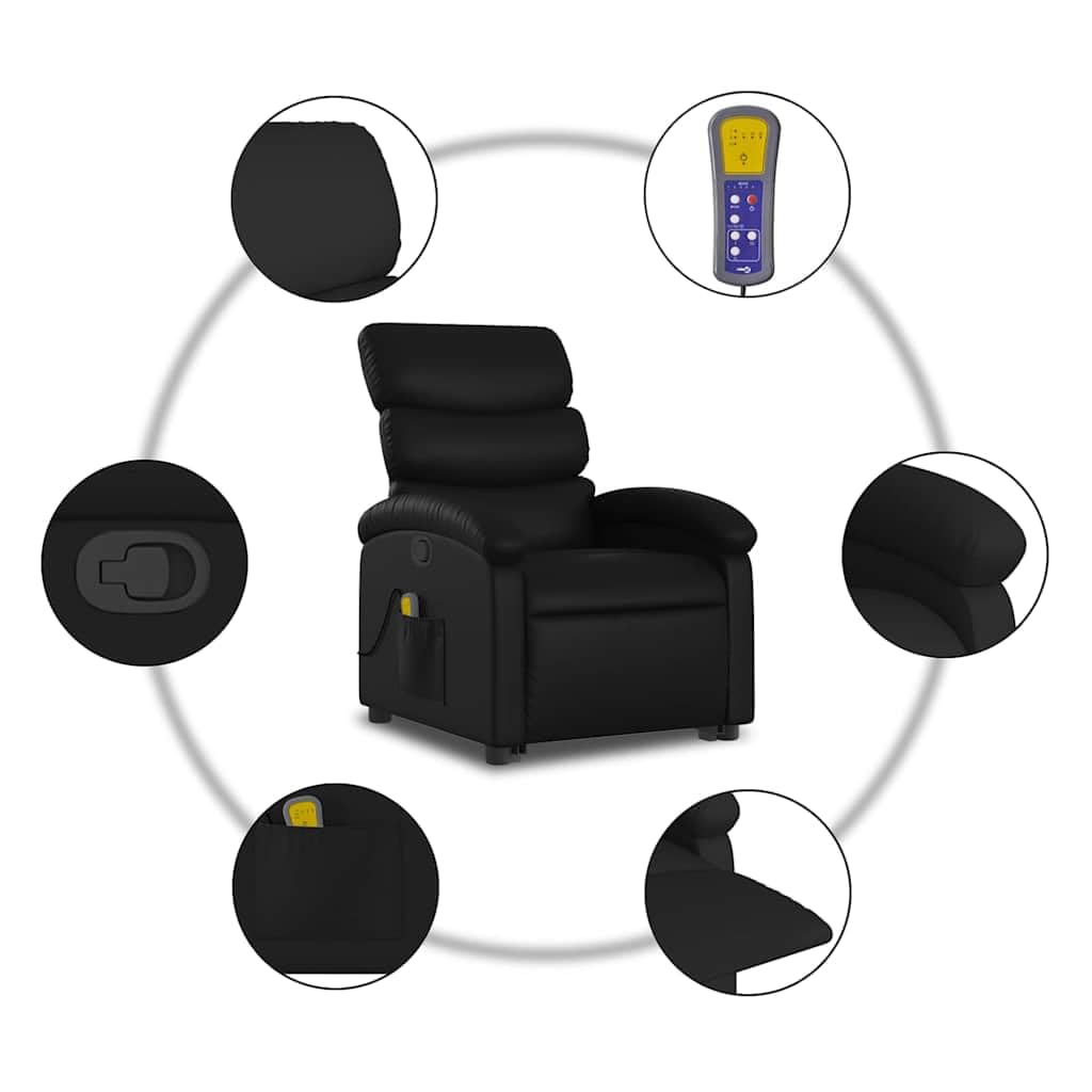 Sillón elevador reclinable con masaje de 6 puntos, función de elevación eléctrica y marco estable de piel sintética negra, asiento cómodo y asa de reclinación manual
