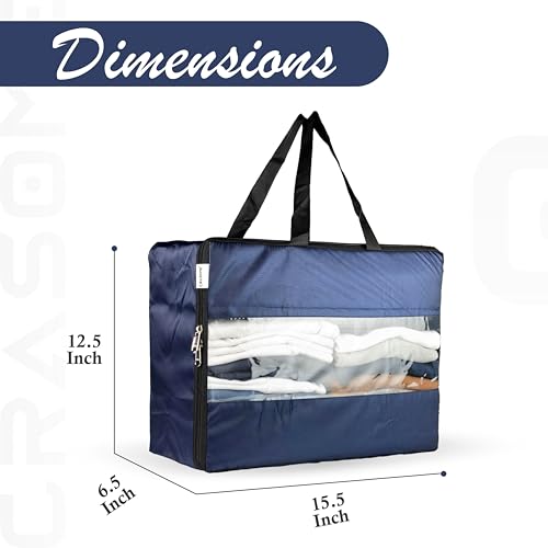 Image of CRASOME Pack of 2 Storage Bags for Clothes | Storage Bag for Saree Covers, Clothes, Lehenga, Bedsheets, Toys, Docs | Transparent Window Storage Box Bag - (STB-FT-BLU-PACK-2)