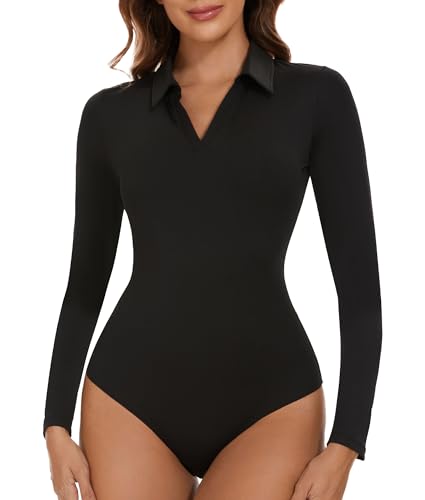 Body col en V pour femmes manches longues haut justaucorps de bureau