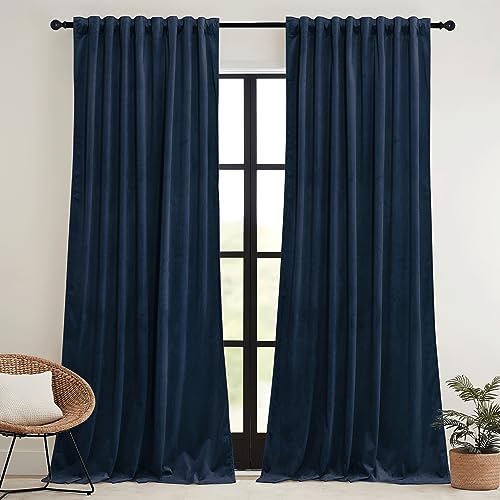 Image of RYB HOME Navy Velvet Curtains 90 inches- Velevt Blackout Curtains for Bedroom, Soft Luxury Window Decor for Hotel Room Hall Kid Room, Navy Blue, W52 x L90 inches, 2 Panels | Thermal Insulated, UV Privacy Blocking, Energy Efficient, Noise Reducing, Back Tab, Guest Room Office, W 52 x L 90, 2 Panels